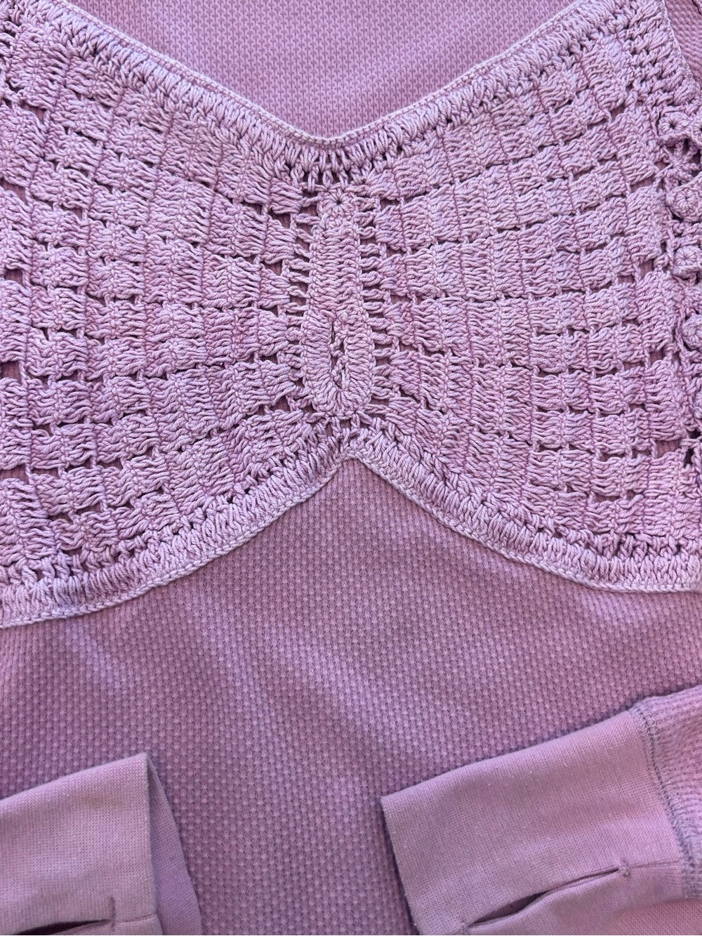 Free People purple butterfly Crochet Thermal cottage Boho waffle knit top M - Picture 6 of 8